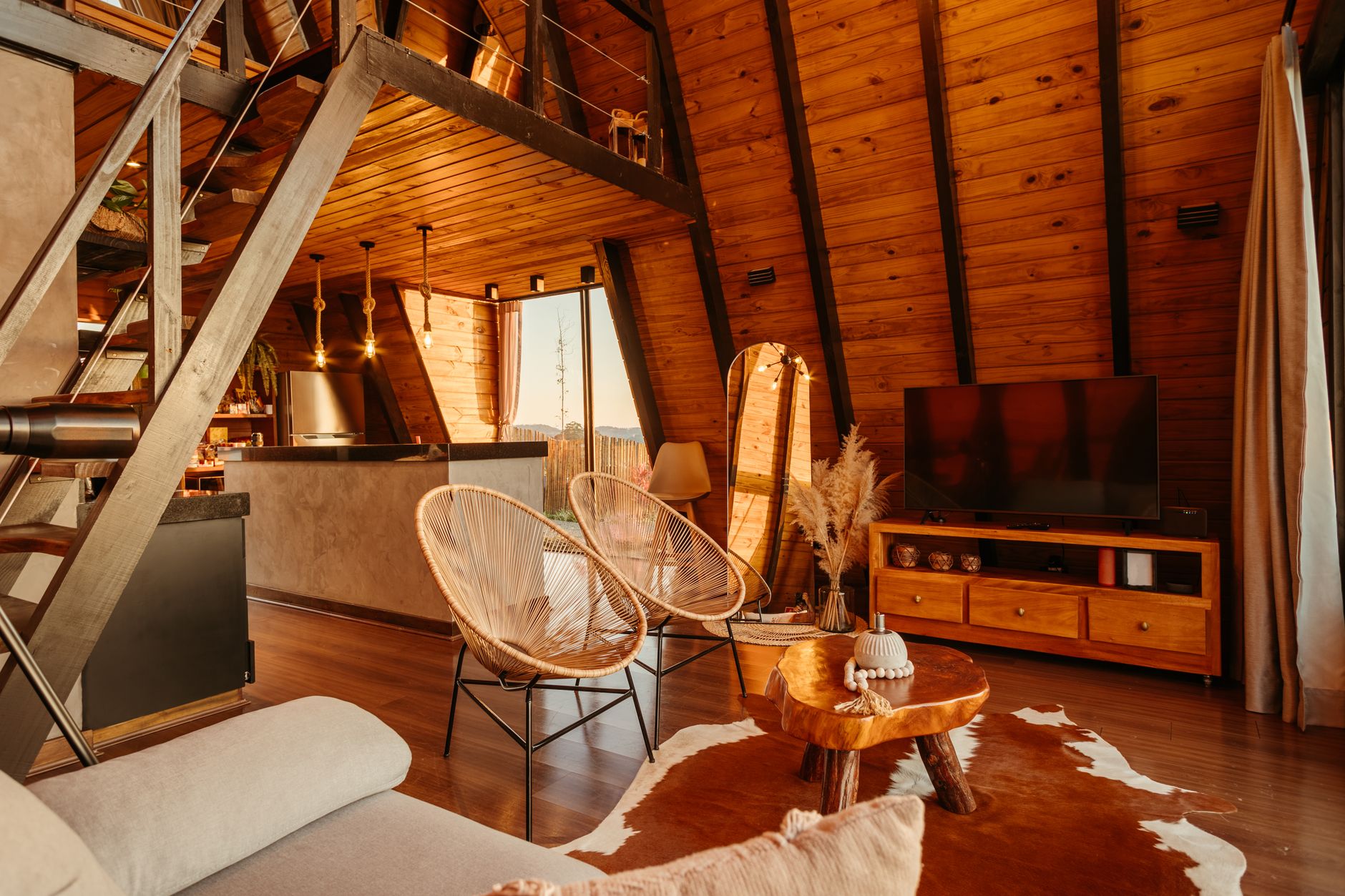 Quiet alpine lodge interior with fireplace